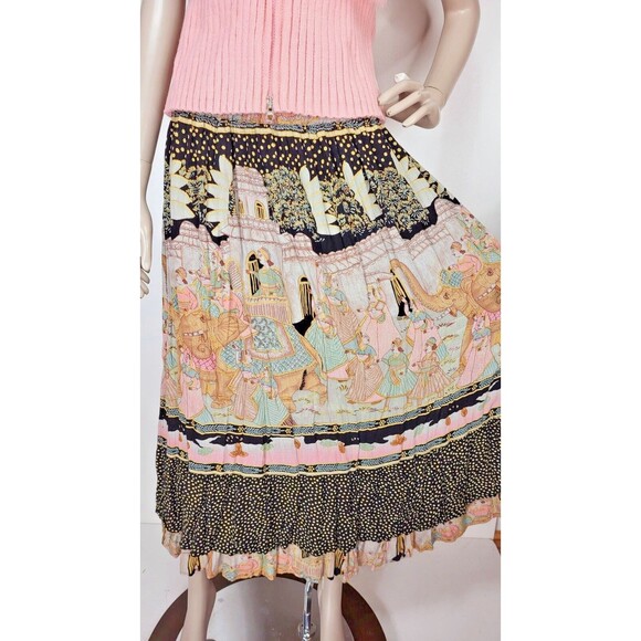 Vintage 80s Elephants People India City Life Tiered Mixed Media Broomstick Skirt - Picture 2 of 14